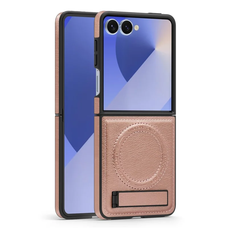 For Samsung Galaxy Z Flip7 5G Case Compatible with MagSafe Kickstand Leather Phone Back Cover - Rose Gold