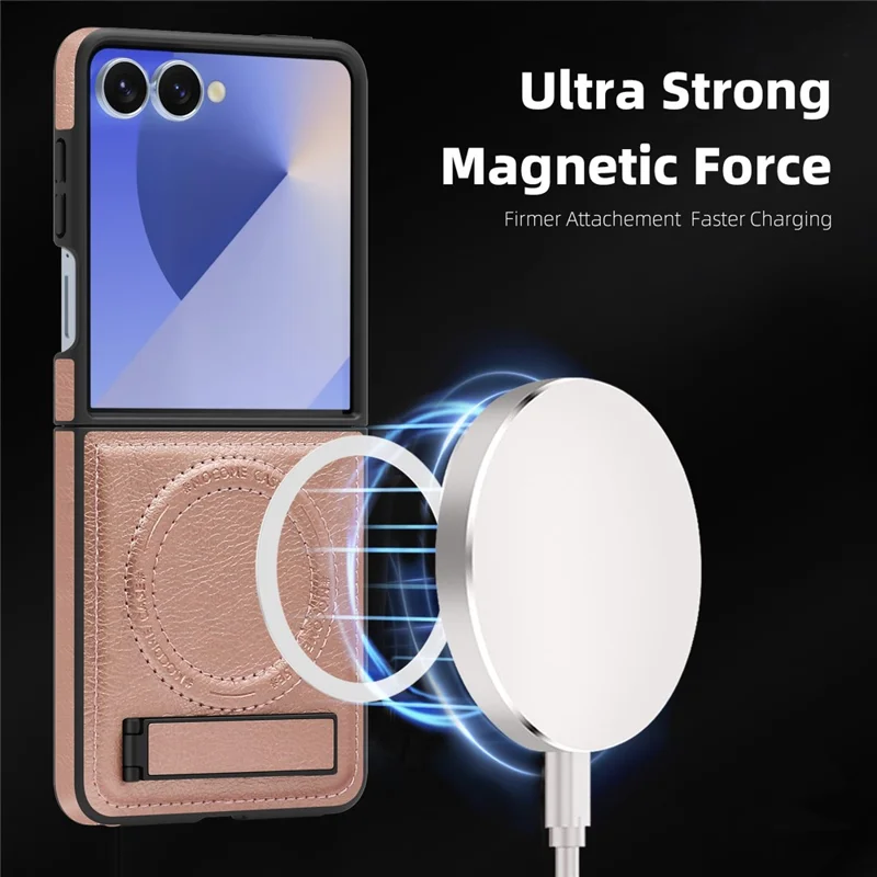 For Samsung Galaxy Z Flip7 5G Case Compatible with MagSafe Kickstand Leather Phone Back Cover - Rose Gold