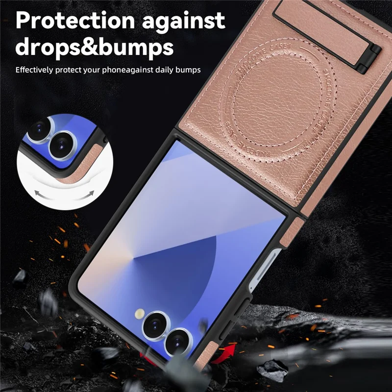 For Samsung Galaxy Z Flip7 5G Case Compatible with MagSafe Kickstand Leather Phone Back Cover - Rose Gold