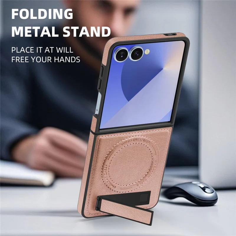For Samsung Galaxy Z Flip7 5G Case Compatible with MagSafe Kickstand Leather Phone Back Cover - Rose Gold