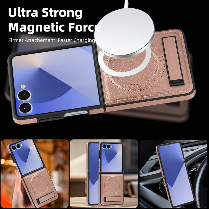 For Samsung Galaxy Z Flip7 5G Case Compatible with MagSafe Kickstand Leather Phone Back Cover - Rose Gold