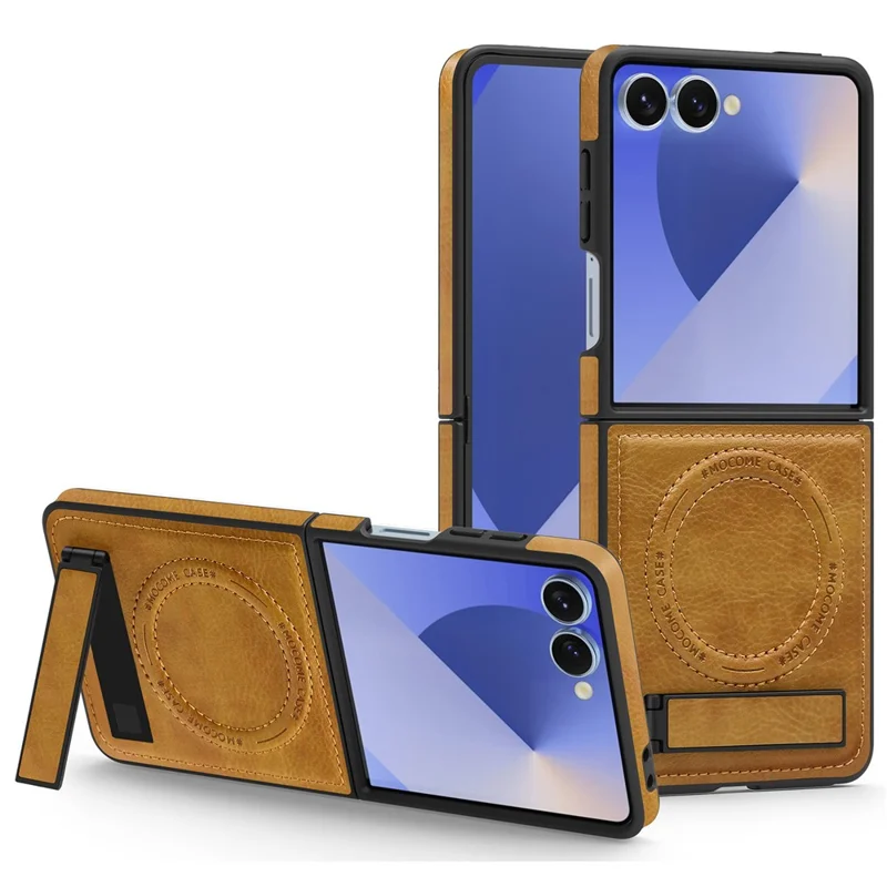 For Samsung Galaxy Z Flip7 5G Case Compatible with MagSafe Kickstand Leather Phone Back Cover - Brown