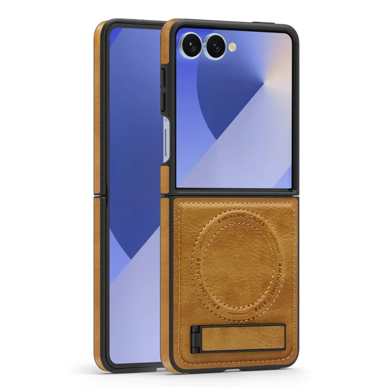 For Samsung Galaxy Z Flip7 5G Case Compatible with MagSafe Kickstand Leather Phone Back Cover - Brown