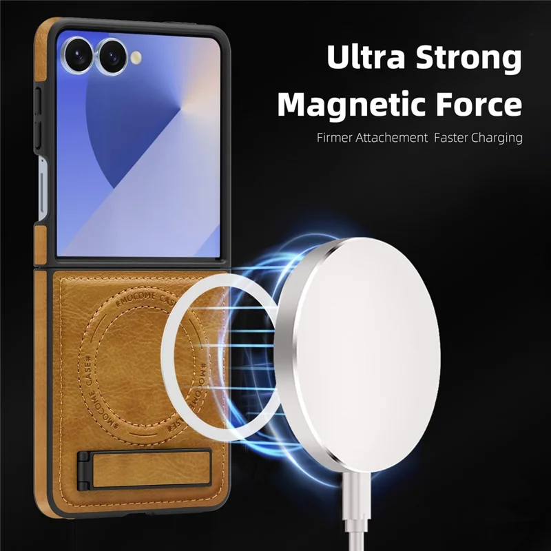 For Samsung Galaxy Z Flip7 5G Case Compatible with MagSafe Kickstand Leather Phone Back Cover - Brown