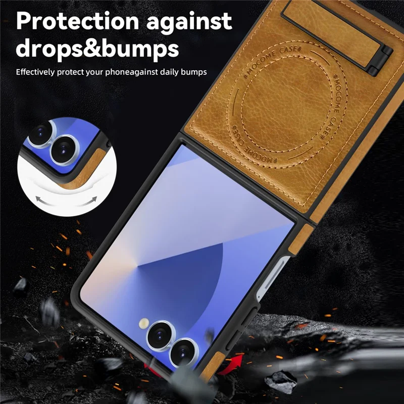 For Samsung Galaxy Z Flip7 5G Case Compatible with MagSafe Kickstand Leather Phone Back Cover - Brown