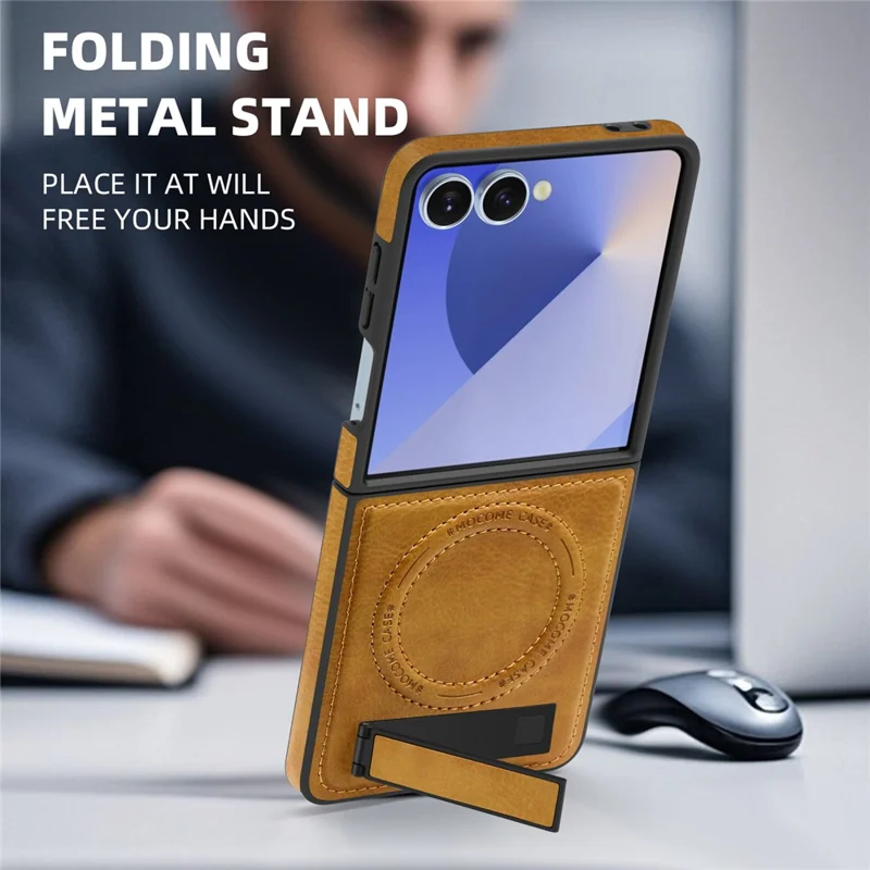 For Samsung Galaxy Z Flip7 5G Case Compatible with MagSafe Kickstand Leather Phone Back Cover - Brown