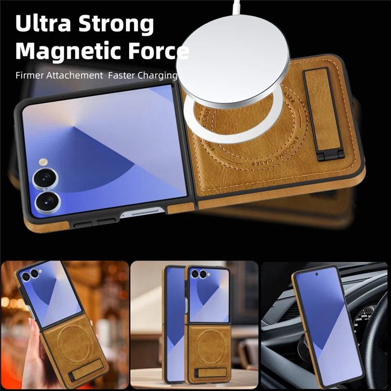 For Samsung Galaxy Z Flip7 5G Case Compatible with MagSafe Kickstand Leather Phone Back Cover - Brown