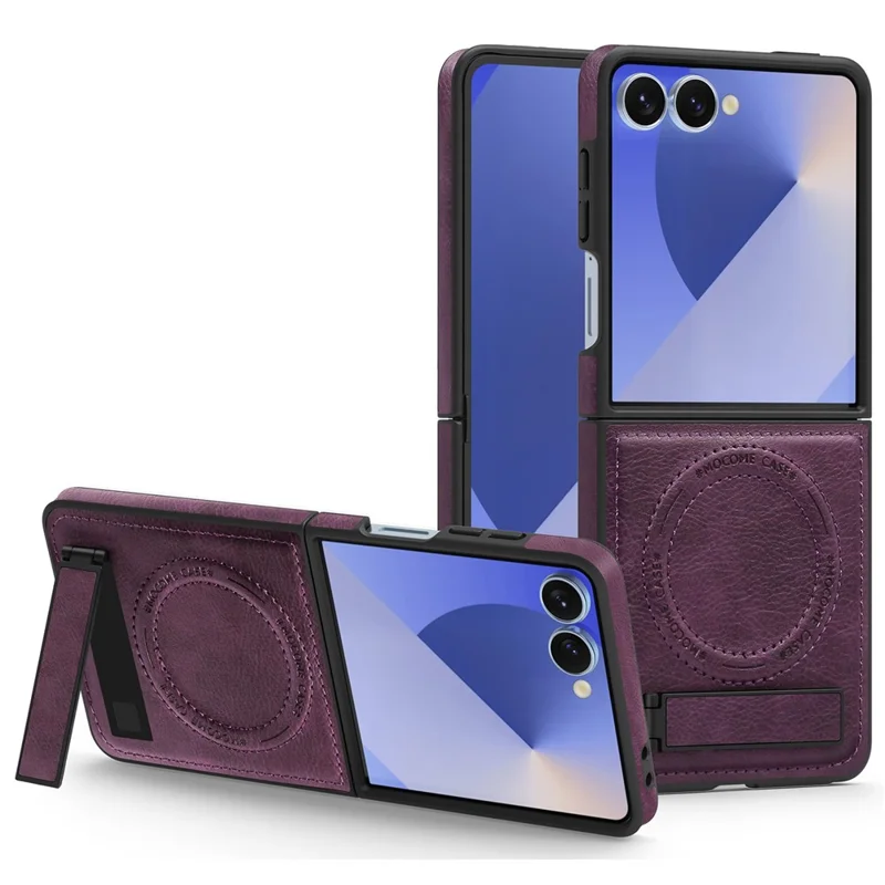For Samsung Galaxy Z Flip7 5G Case Compatible with MagSafe Kickstand Leather Phone Back Cover - Dark Purple