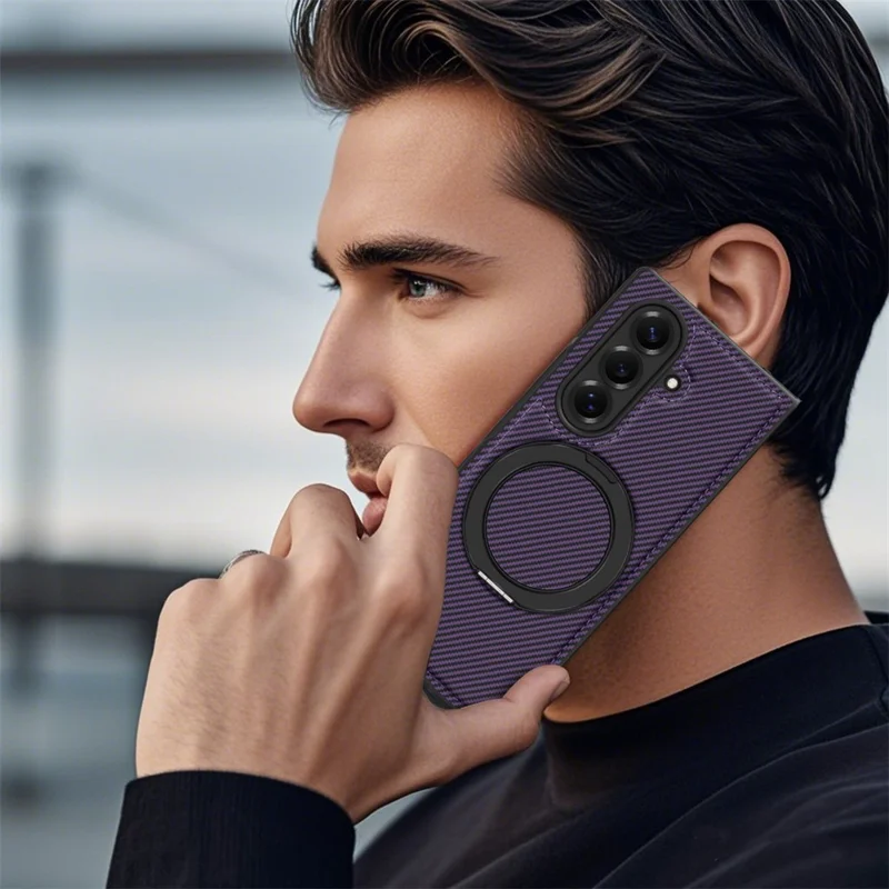 For Samsung Galaxy Z Fold7 5G Magnetic Case Carbon Fiber Texture PU + TPU Kickstand Phone Cover - Dark Purple