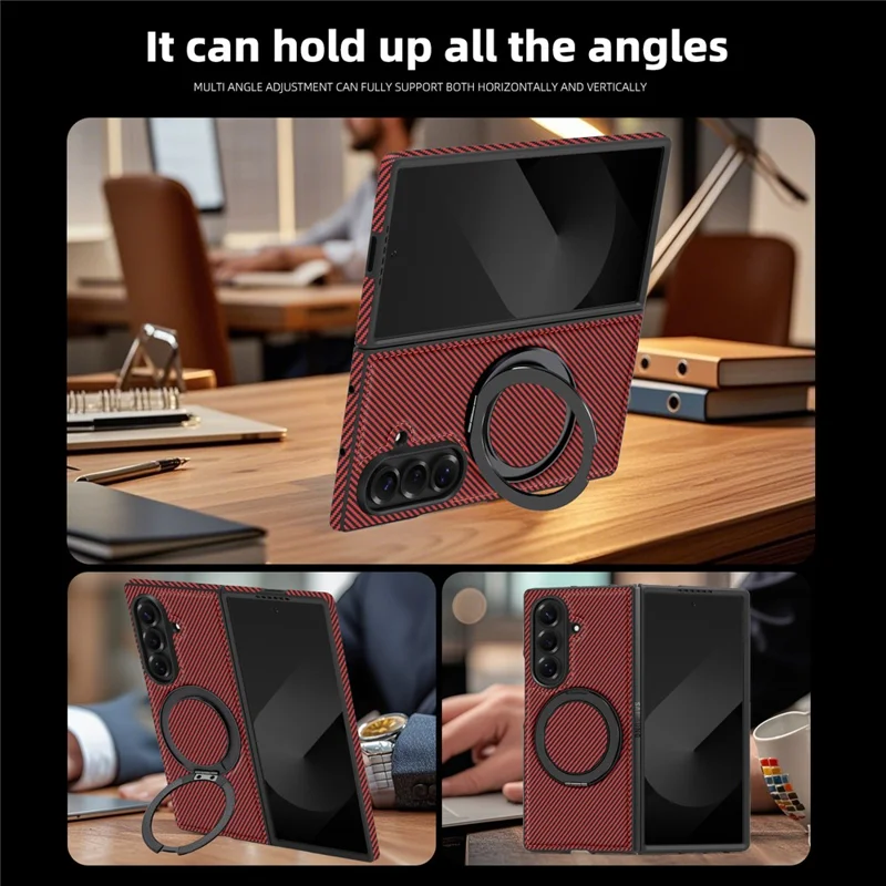 For Samsung Galaxy Z Fold7 5G Magnetic Case Carbon Fiber Texture PU + TPU Kickstand Phone Cover - Red