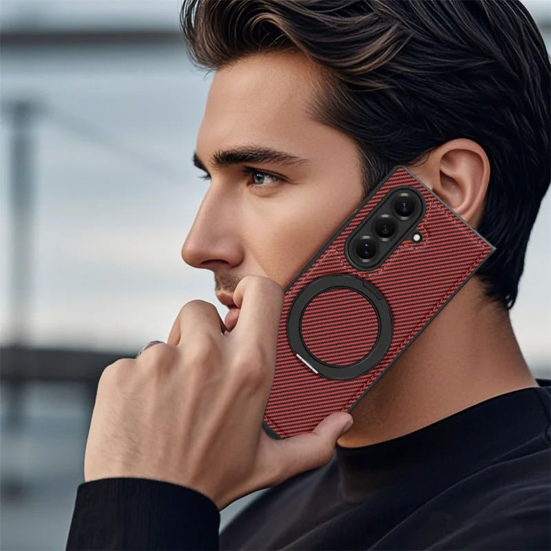 For Samsung Galaxy Z Fold7 5G Magnetic Case Carbon Fiber Texture PU + TPU Kickstand Phone Cover - Red