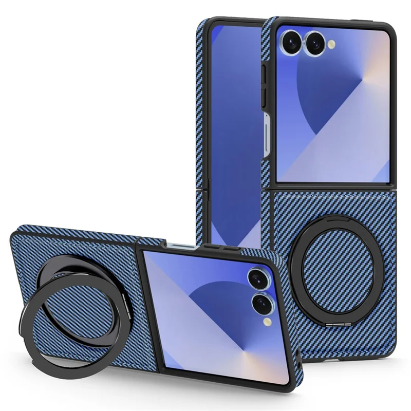 Capa Magnética para Samsung Galaxy Z Flip7 5G com Textura de Fibra de Carbono, Suporte de Kickstand em PU + TPU - Azul
