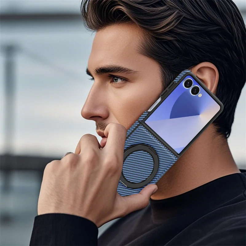 Capa Magnética para Samsung Galaxy Z Flip7 5G com Textura de Fibra de Carbono, Suporte de Kickstand em PU + TPU - Azul