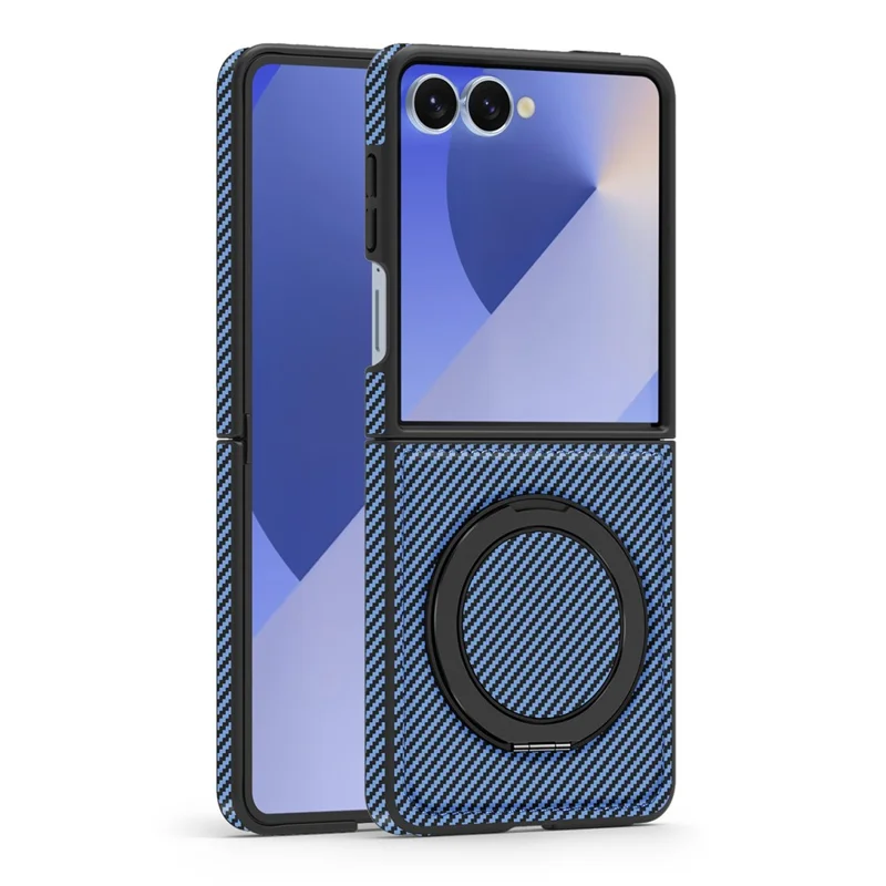 Capa Magnética para Samsung Galaxy Z Flip7 5G com Textura de Fibra de Carbono, Suporte de Kickstand em PU + TPU - Azul