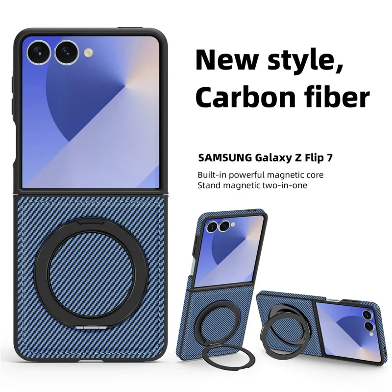 Capa Magnética para Samsung Galaxy Z Flip7 5G com Textura de Fibra de Carbono, Suporte de Kickstand em PU + TPU - Azul