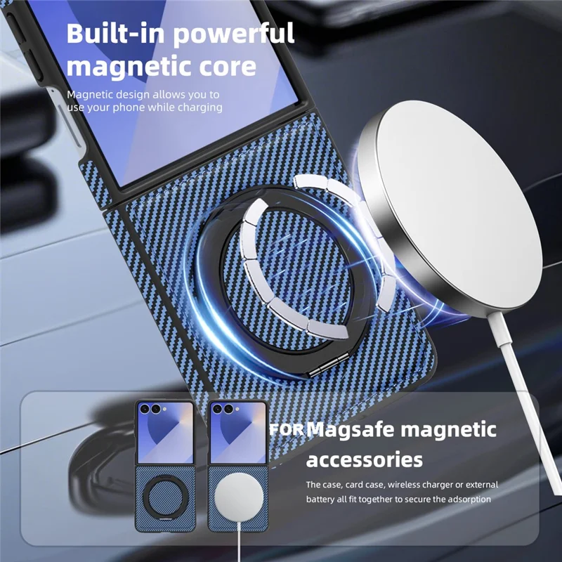 Capa Magnética para Samsung Galaxy Z Flip7 5G com Textura de Fibra de Carbono, Suporte de Kickstand em PU + TPU - Azul
