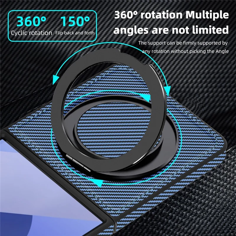 Capa Magnética para Samsung Galaxy Z Flip7 5G com Textura de Fibra de Carbono, Suporte de Kickstand em PU + TPU - Azul