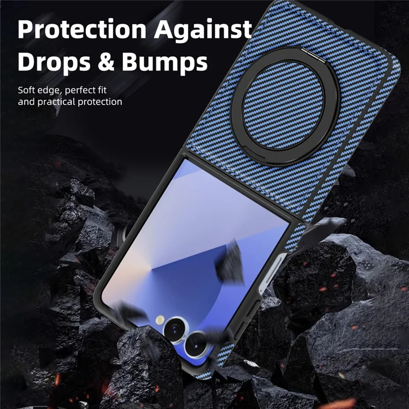 Capa Magnética para Samsung Galaxy Z Flip7 5G com Textura de Fibra de Carbono, Suporte de Kickstand em PU + TPU - Azul