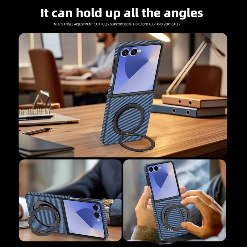 Capa Magnética para Samsung Galaxy Z Flip7 5G com Textura de Fibra de Carbono, Suporte de Kickstand em PU + TPU - Azul