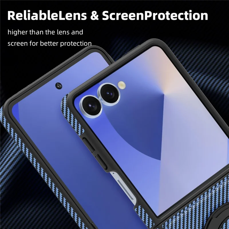 Capa Magnética para Samsung Galaxy Z Flip7 5G com Textura de Fibra de Carbono, Suporte de Kickstand em PU + TPU - Azul