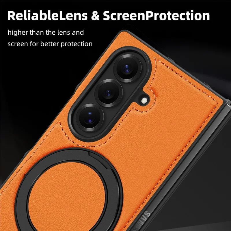 For Samsung Galaxy Z Fold7 5G Case with Ring Kickstand Compatible with MagSafe PU Leather Back Cover - Orange