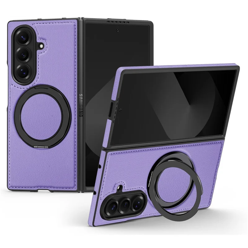 Étui pour Samsung Galaxy Z Fold7 5G avec Anneau Support Compatible avec MagSafe Housse Arrière en Cuir PU - Violet