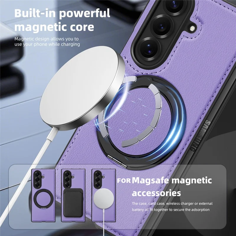Étui pour Samsung Galaxy Z Fold7 5G avec Anneau Support Compatible avec MagSafe Housse Arrière en Cuir PU - Violet