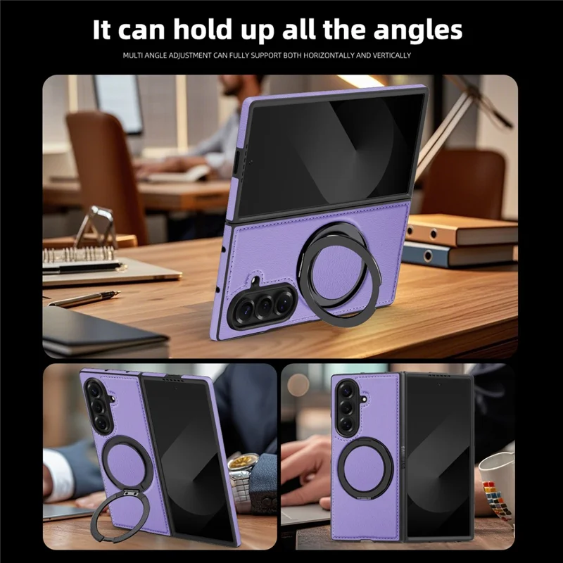 Étui pour Samsung Galaxy Z Fold7 5G avec Anneau Support Compatible avec MagSafe Housse Arrière en Cuir PU - Violet