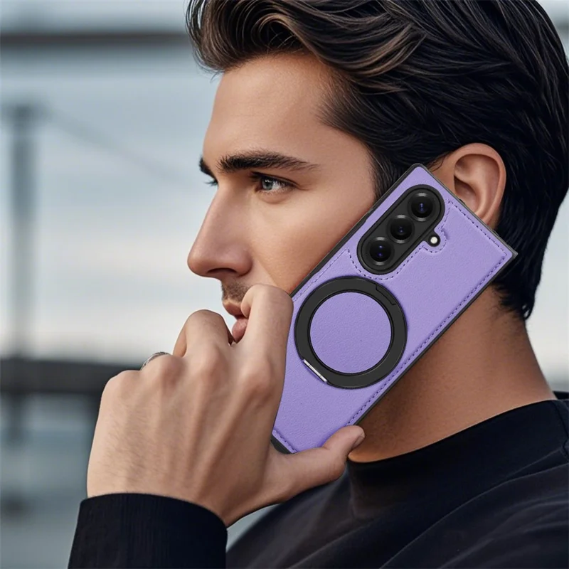 Étui pour Samsung Galaxy Z Fold7 5G avec Anneau Support Compatible avec MagSafe Housse Arrière en Cuir PU - Violet