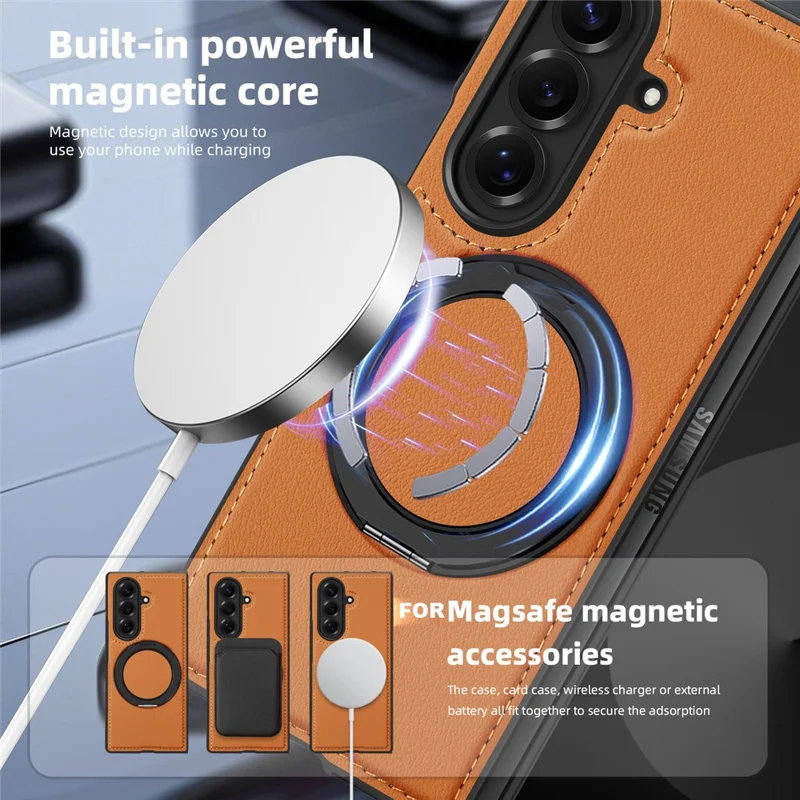 For Samsung Galaxy Z Fold7 5G Case with Ring Kickstand Compatible with MagSafe PU Leather Back Cover - Brown