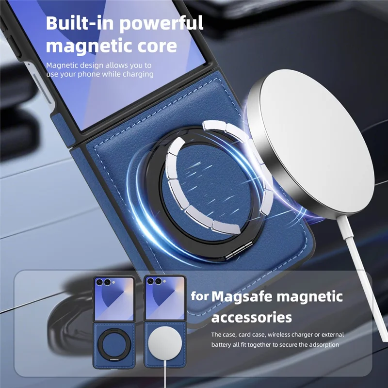 Чехол для Samsung Galaxy Z Flip7 5G с кольцом-подставкой, совместимый с MagSafe, из искусственной кожи - Сапфировый