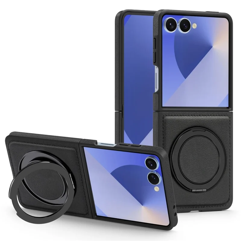 For Samsung Galaxy Z Flip7 5G Case with Ring Kickstand Magnetic Case PU Leather Back Cover - Black