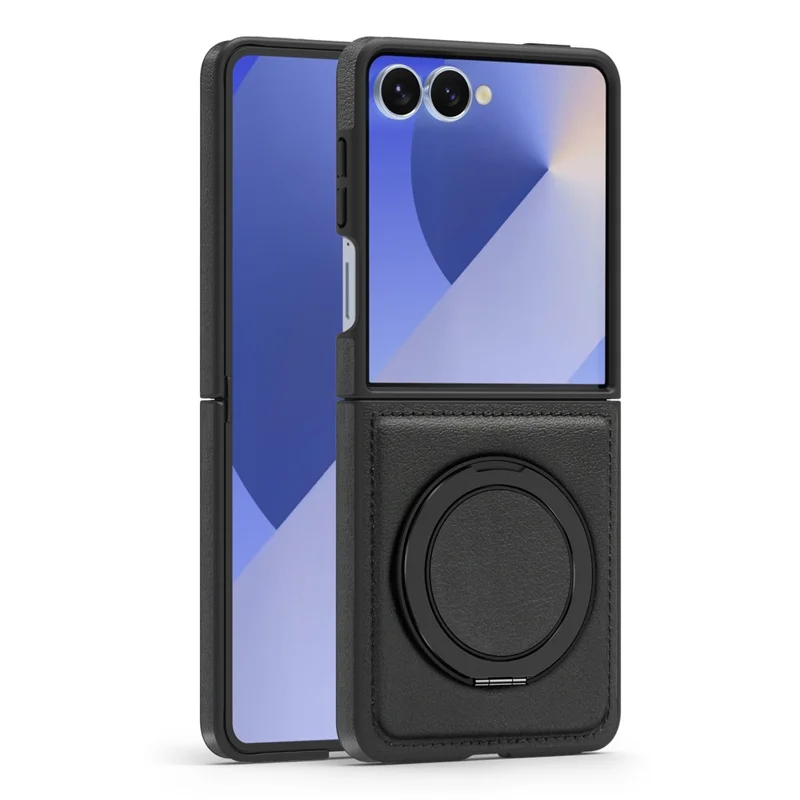 For Samsung Galaxy Z Flip7 5G Case with Ring Kickstand Magnetic Case PU Leather Back Cover - Black