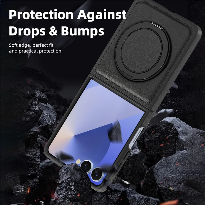 For Samsung Galaxy Z Flip7 5G Case with Ring Kickstand Magnetic Case PU Leather Back Cover - Black