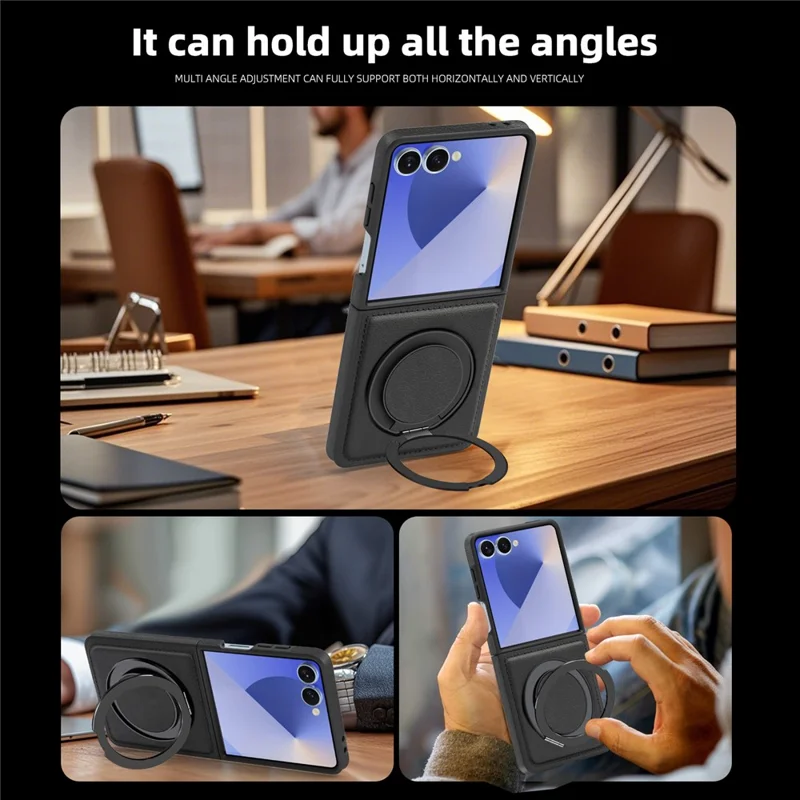 For Samsung Galaxy Z Flip7 5G Case with Ring Kickstand Magnetic Case PU Leather Back Cover - Black