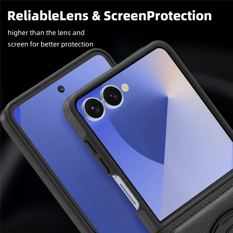 For Samsung Galaxy Z Flip7 5G Case with Ring Kickstand Magnetic Case PU Leather Back Cover - Black