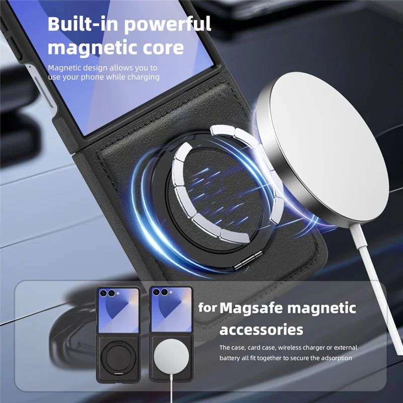 For Samsung Galaxy Z Flip7 5G Case with Ring Kickstand Magnetic Case PU Leather Back Cover - Black