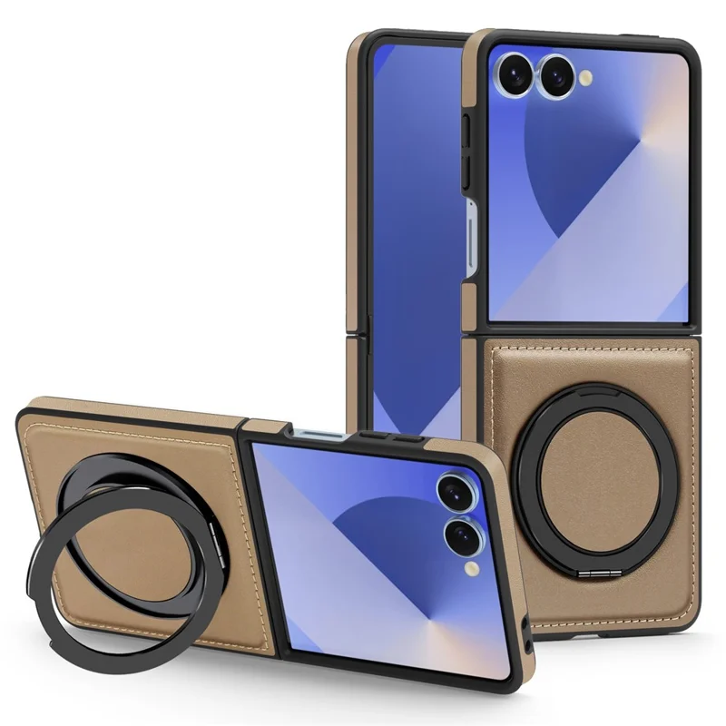 For Samsung Galaxy Z Flip7 5G Case with Ring Kickstand Magnetic Case PU Leather Back Cover - Desert Gold