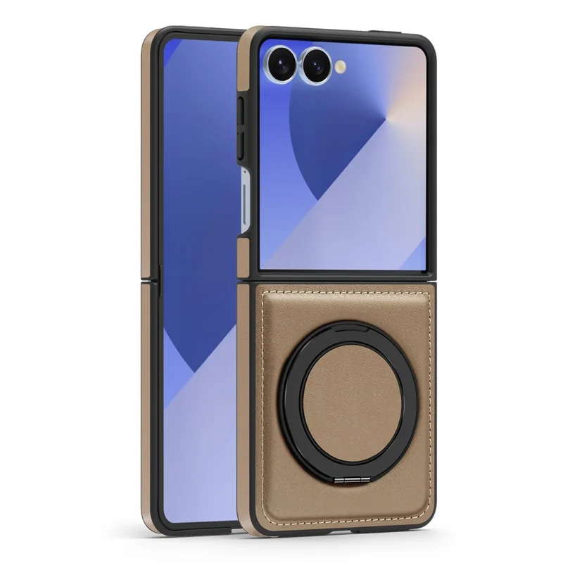 For Samsung Galaxy Z Flip7 5G Case with Ring Kickstand Magnetic Case PU Leather Back Cover - Desert Gold