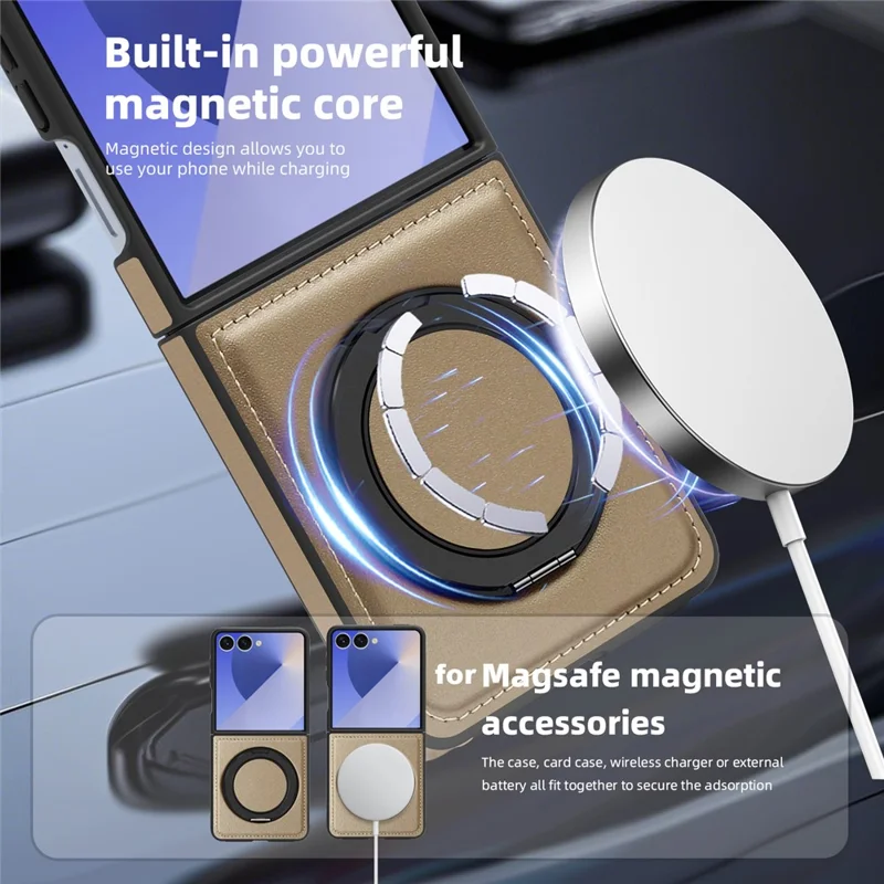 For Samsung Galaxy Z Flip7 5G Case with Ring Kickstand Magnetic Case PU Leather Back Cover - Desert Gold
