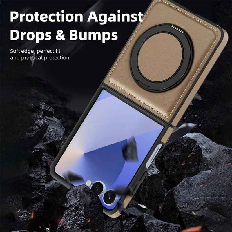 For Samsung Galaxy Z Flip7 5G Case with Ring Kickstand Magnetic Case PU Leather Back Cover - Desert Gold