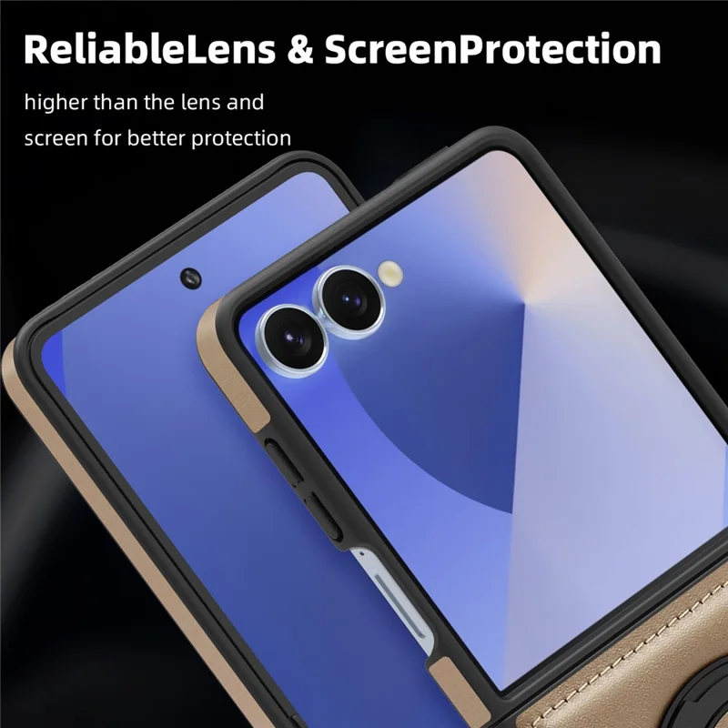 For Samsung Galaxy Z Flip7 5G Case with Ring Kickstand Magnetic Case PU Leather Back Cover - Desert Gold