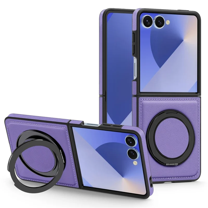 Funda para Samsung Galaxy Z Flip7 5G con Anillo de Soporte Compatible con MagSafe, Cubierta Trasera de Cuero PU - Morado