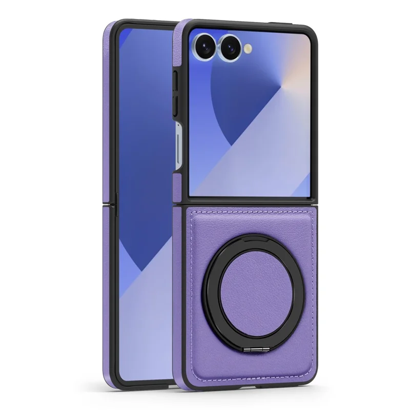Funda para Samsung Galaxy Z Flip7 5G con Anillo de Soporte Compatible con MagSafe, Cubierta Trasera de Cuero PU - Morado
