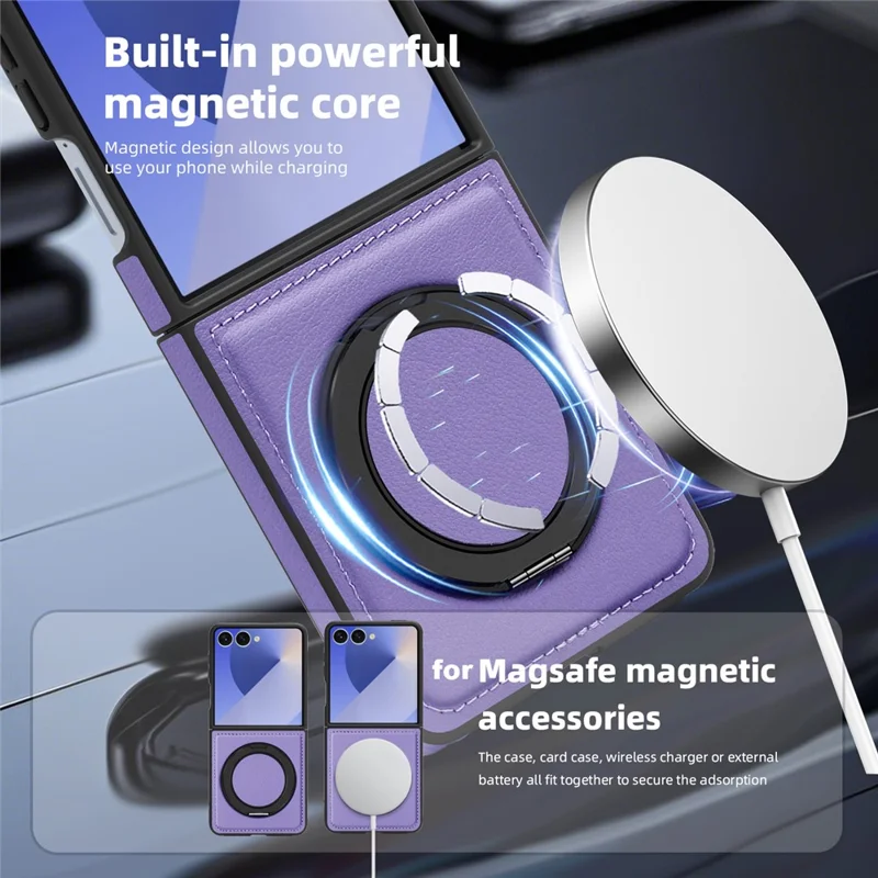 Funda para Samsung Galaxy Z Flip7 5G con Anillo de Soporte Compatible con MagSafe, Cubierta Trasera de Cuero PU - Morado