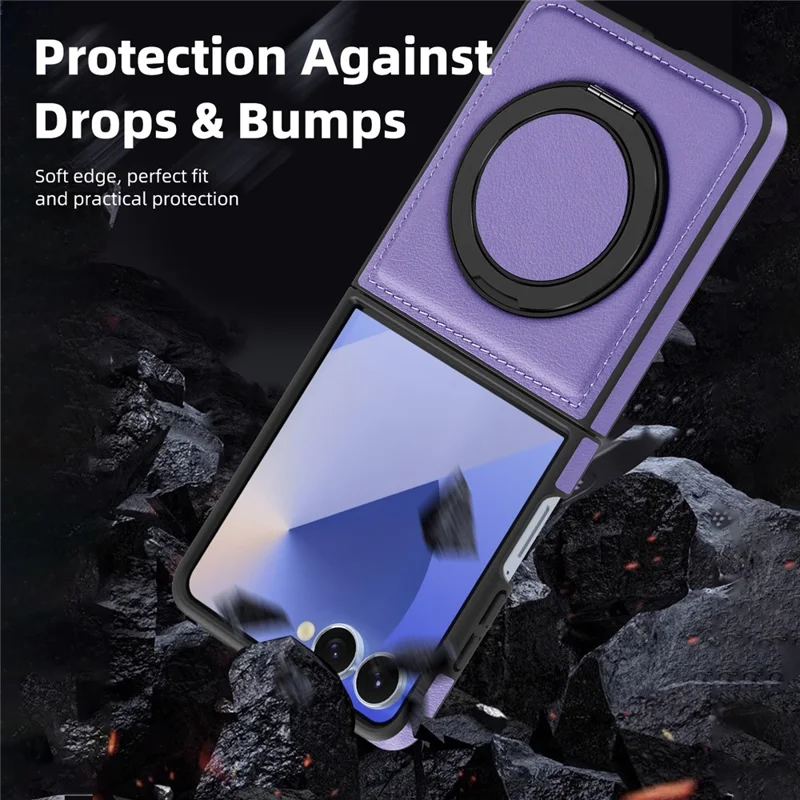 Funda para Samsung Galaxy Z Flip7 5G con Anillo de Soporte Compatible con MagSafe, Cubierta Trasera de Cuero PU - Morado