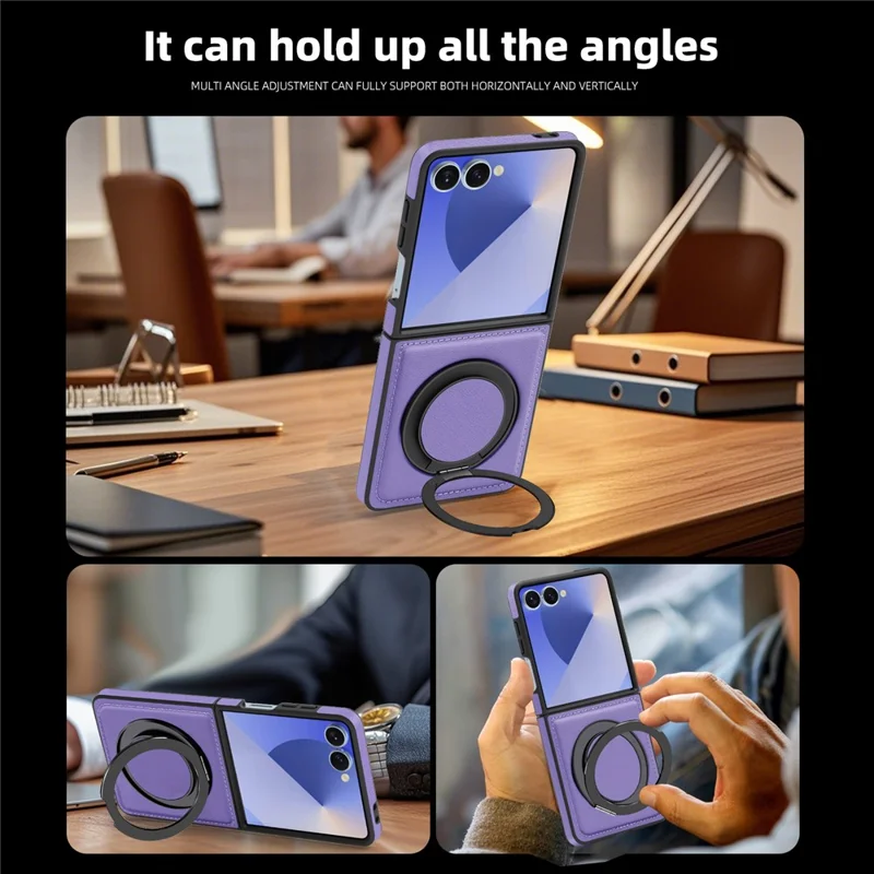 Funda para Samsung Galaxy Z Flip7 5G con Anillo de Soporte Compatible con MagSafe, Cubierta Trasera de Cuero PU - Morado