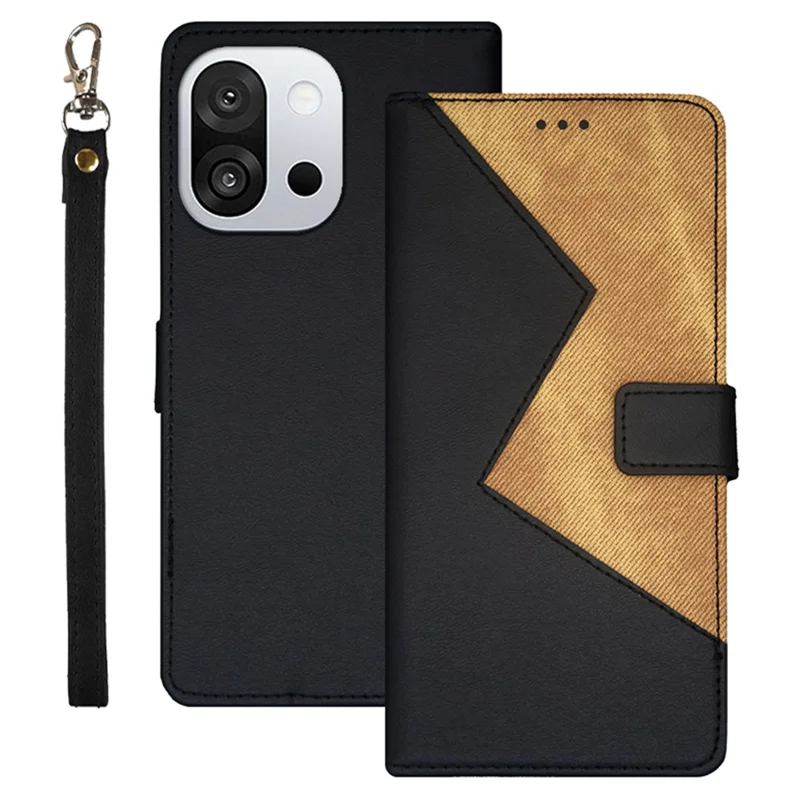 IDEWEI Per OnePlus 13T 5G Custodia Slot per Schede Colore Intarsio Custodia in Pelle con Cinturino da Polso - Nero