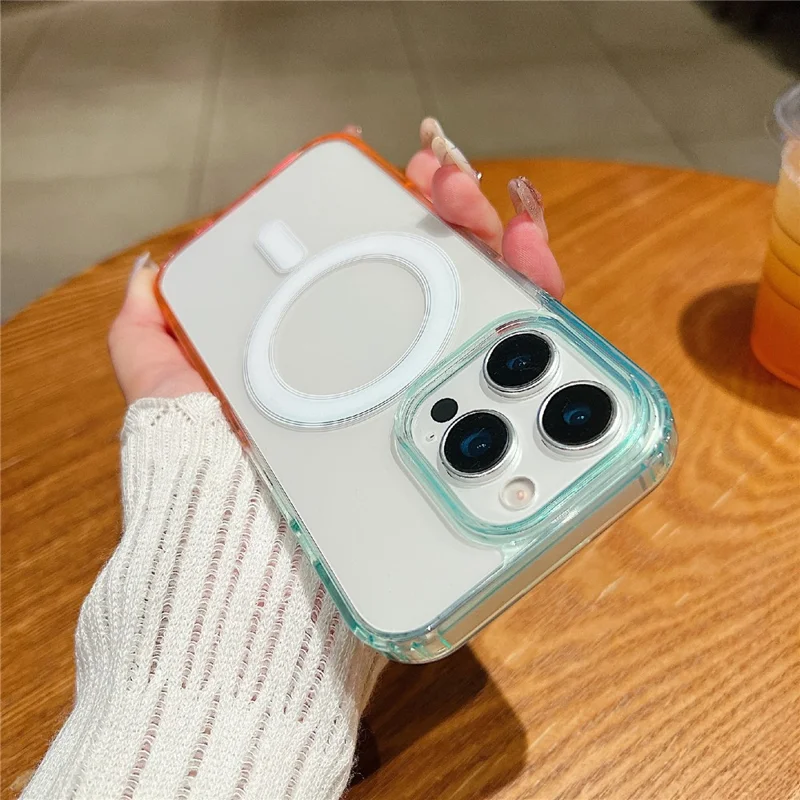 For iPhone 16 Pro Magnetic Case Color Matching TPU + Acrylic Gradient Clear Phone Cover - Blue / Pink