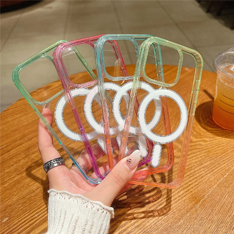 For iPhone 16 Pro Magnetic Case Color Matching TPU + Acrylic Gradient Clear Phone Cover - Blue / Pink